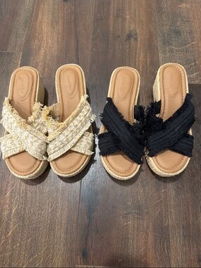 Universal Thread 2 pairs Frayed Crossband Slide Sandals - Black and Natural 8.5
